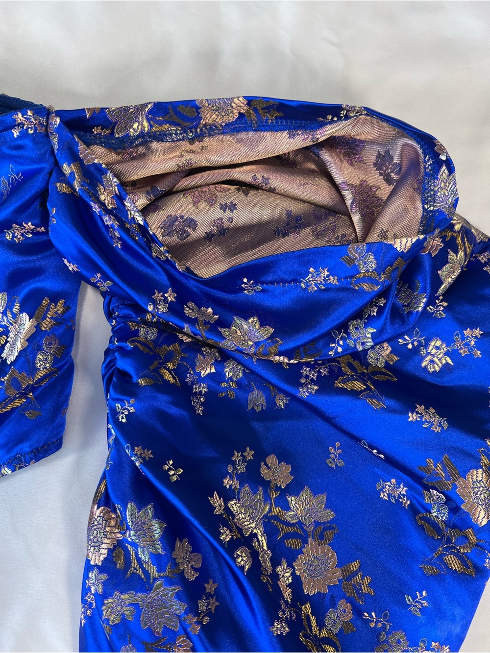 Fashion Nova Royal Blue Satin Floral Corset Crop Top with Gold Accents Sz 1X - Picture 9 of 16